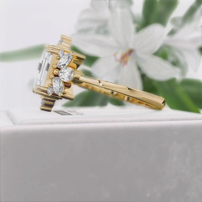 1.75-Ct-Emerald-Cut-Diamond-Cluster-Engagement-Ring-Gold-360°