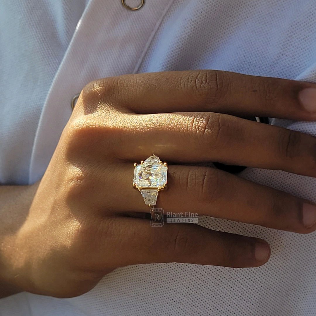 Radiant Cut Diamond Three Stone Engagement Ring in Gold - Riant Fine Jewelry