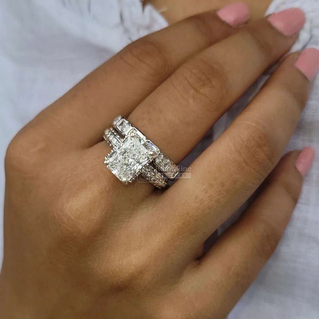 Radiant Cut Moissanite Vintage Engagement Ring Set - Riant Fine Jewelry LLC