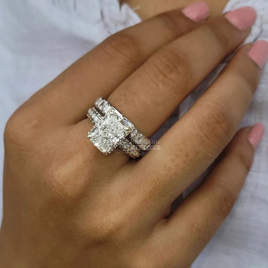 Radiant Cut Moissanite Vintage Engagement Ring Set - Riant Fine Jewelry LLC