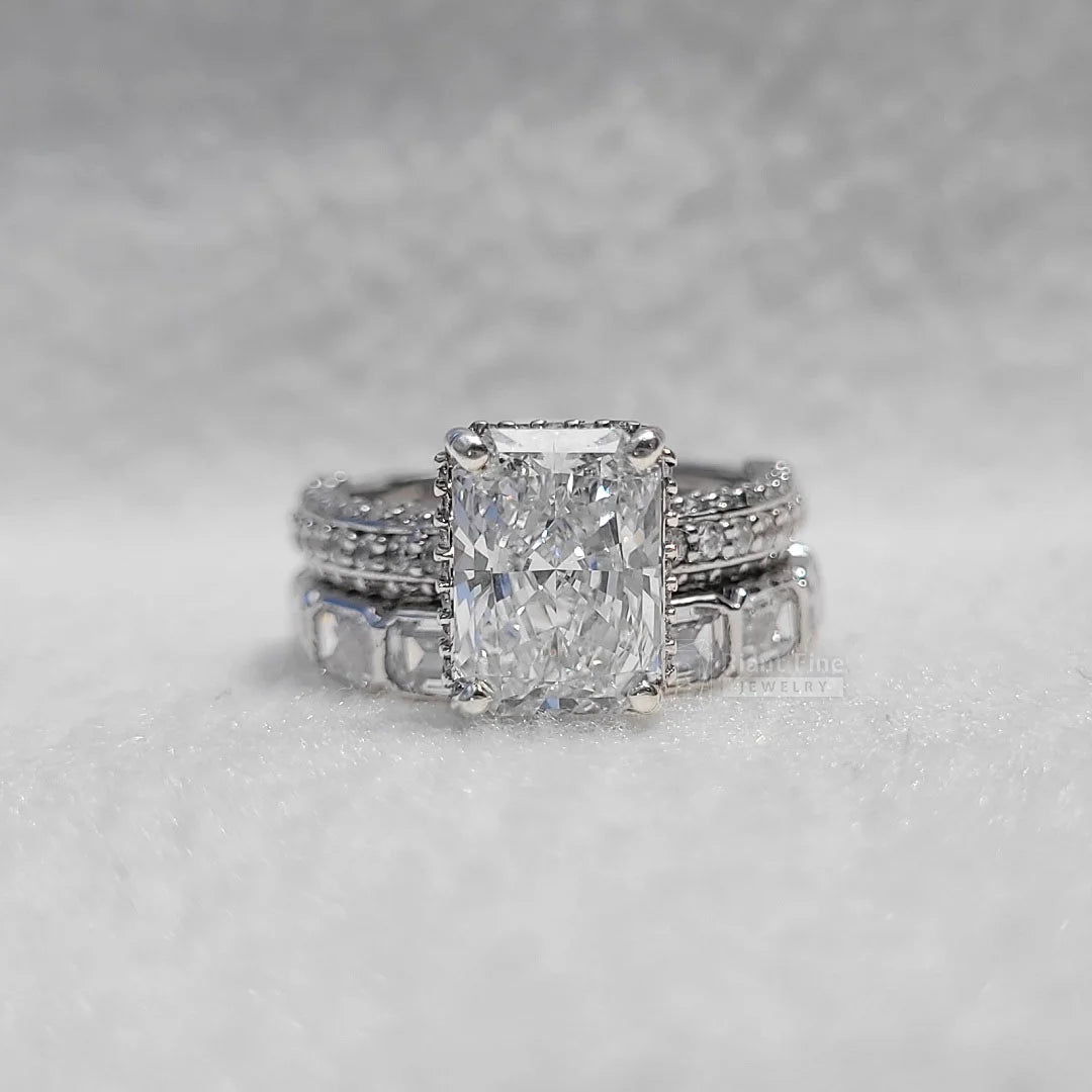 Radiant Cut Moissanite Vintage Engagement Ring Set - Riant Fine Jewelry LLC