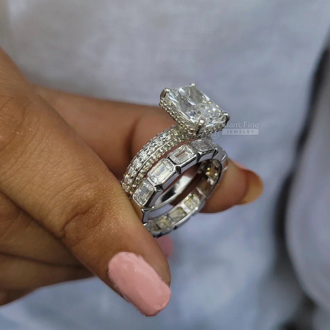 Radiant Cut Moissanite Vintage Engagement Ring Set - Riant Fine Jewelry LLC