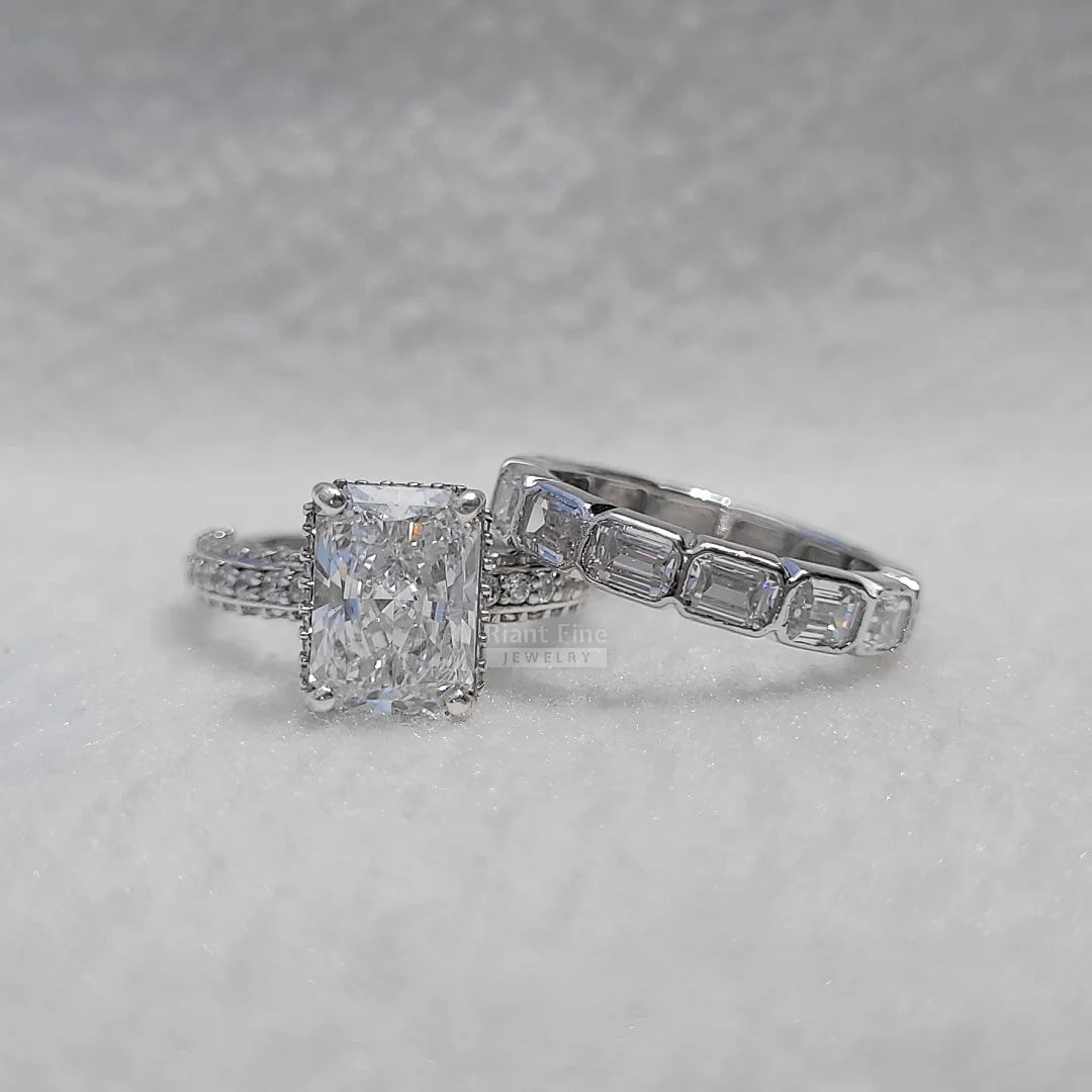 Radiant Cut Moissanite Vintage Engagement Ring Set - Riant Fine Jewelry LLC