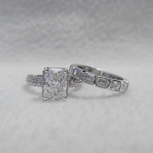 Radiant Cut Moissanite Vintage Engagement Ring Set - Riant Fine Jewelry LLC