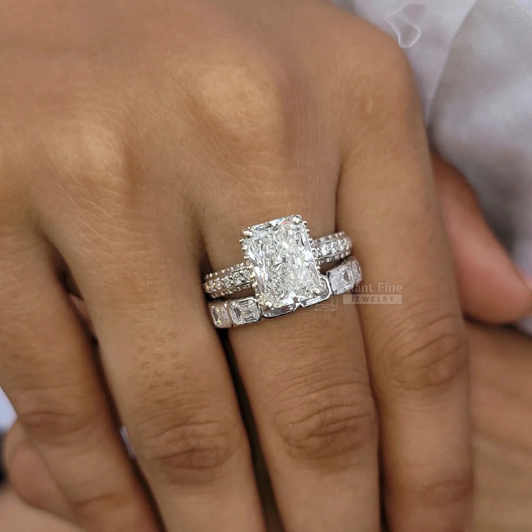Radiant Cut Moissanite Vintage Engagement Ring Set - Riant Fine Jewelry LLC
