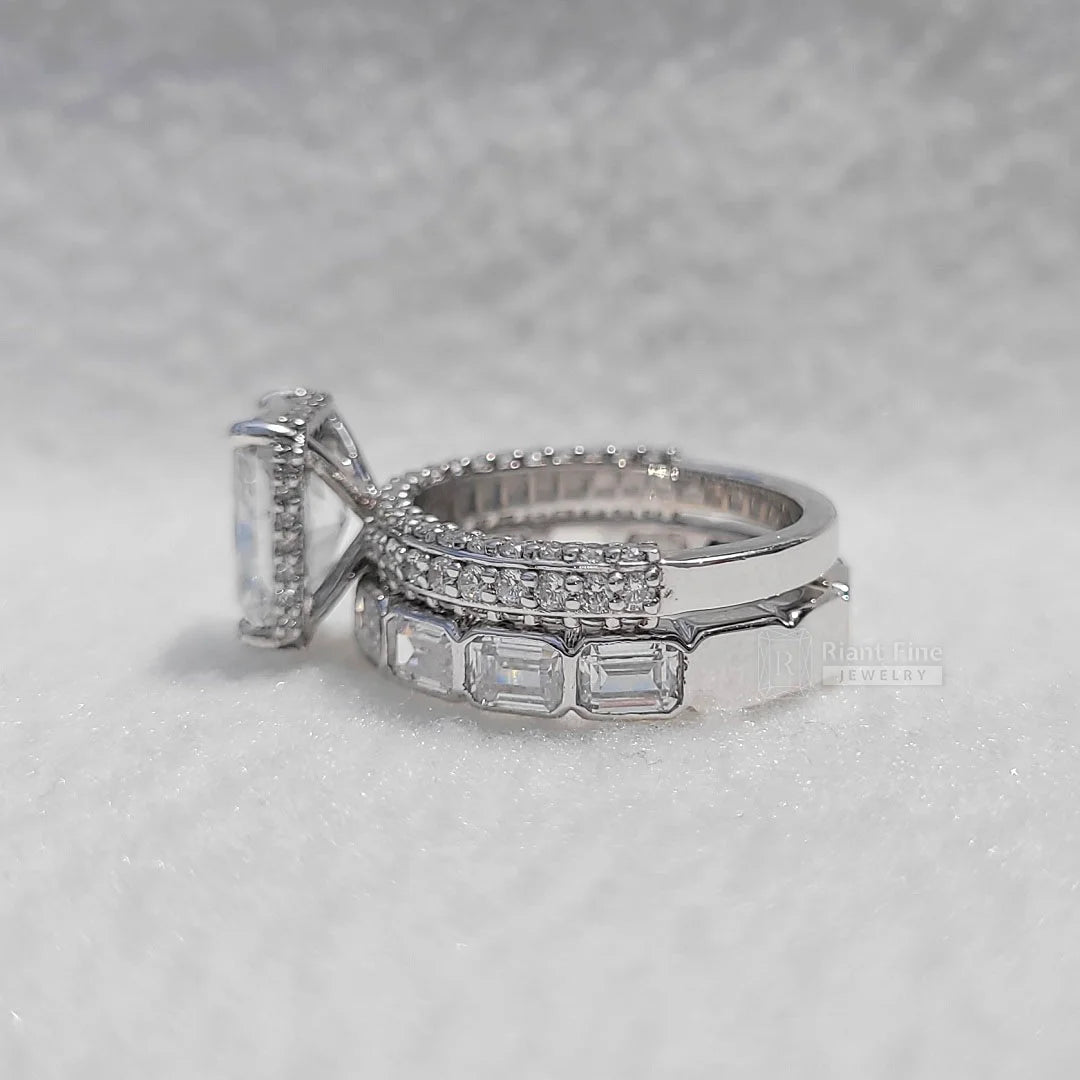 Radiant Cut Moissanite Vintage Engagement Ring Set - Riant Fine Jewelry LLC