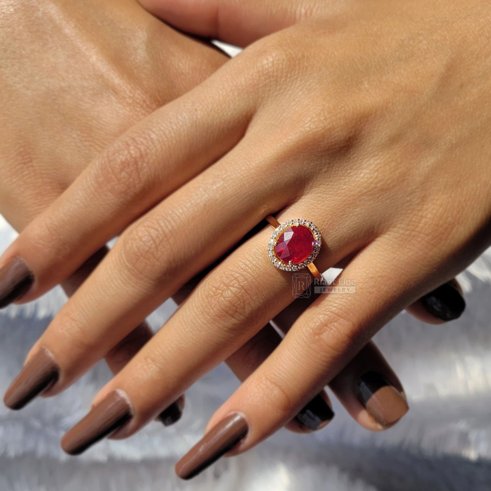 Riant Fine Jewelry : engagement rings for women, red oval cut diamond rings, halo engagement rings, 18k yellow gold ring, vintage wedding ring, gift for her, handmade jewelry, red ruby engagement ring