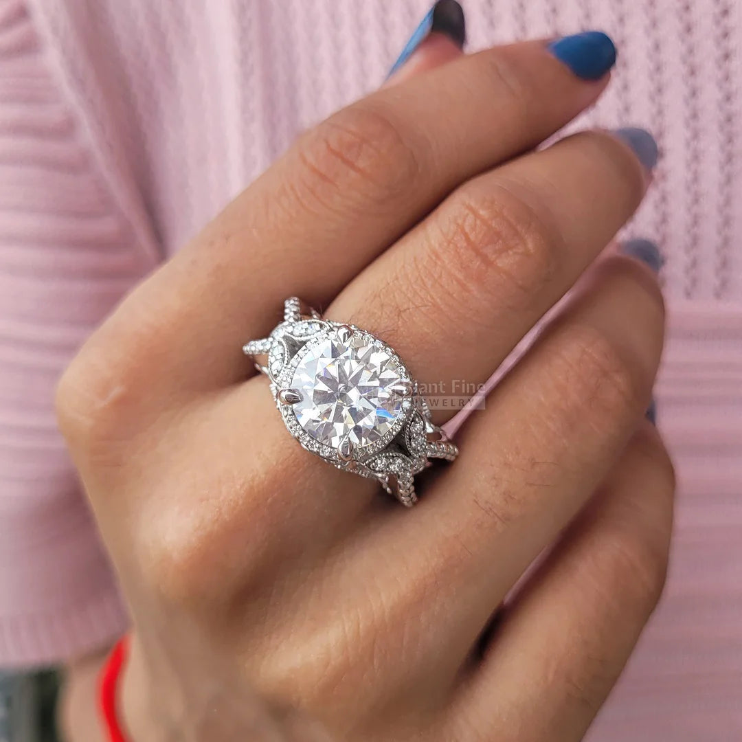 Art Deco Round Moissanite Engagement Ring Close-Up