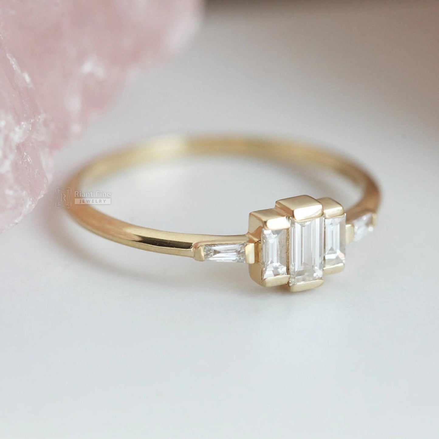 Romantic Baguette Diamond Five Stone Engagement Ring in Gold - Riant Fine Jewelry LLC