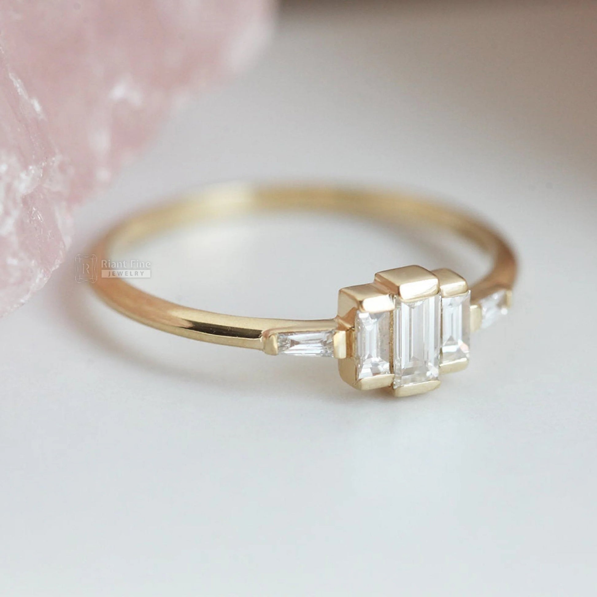 Romantic Baguette Diamond Five Stone Engagement Ring in Gold - Riant Fine Jewelry LLC