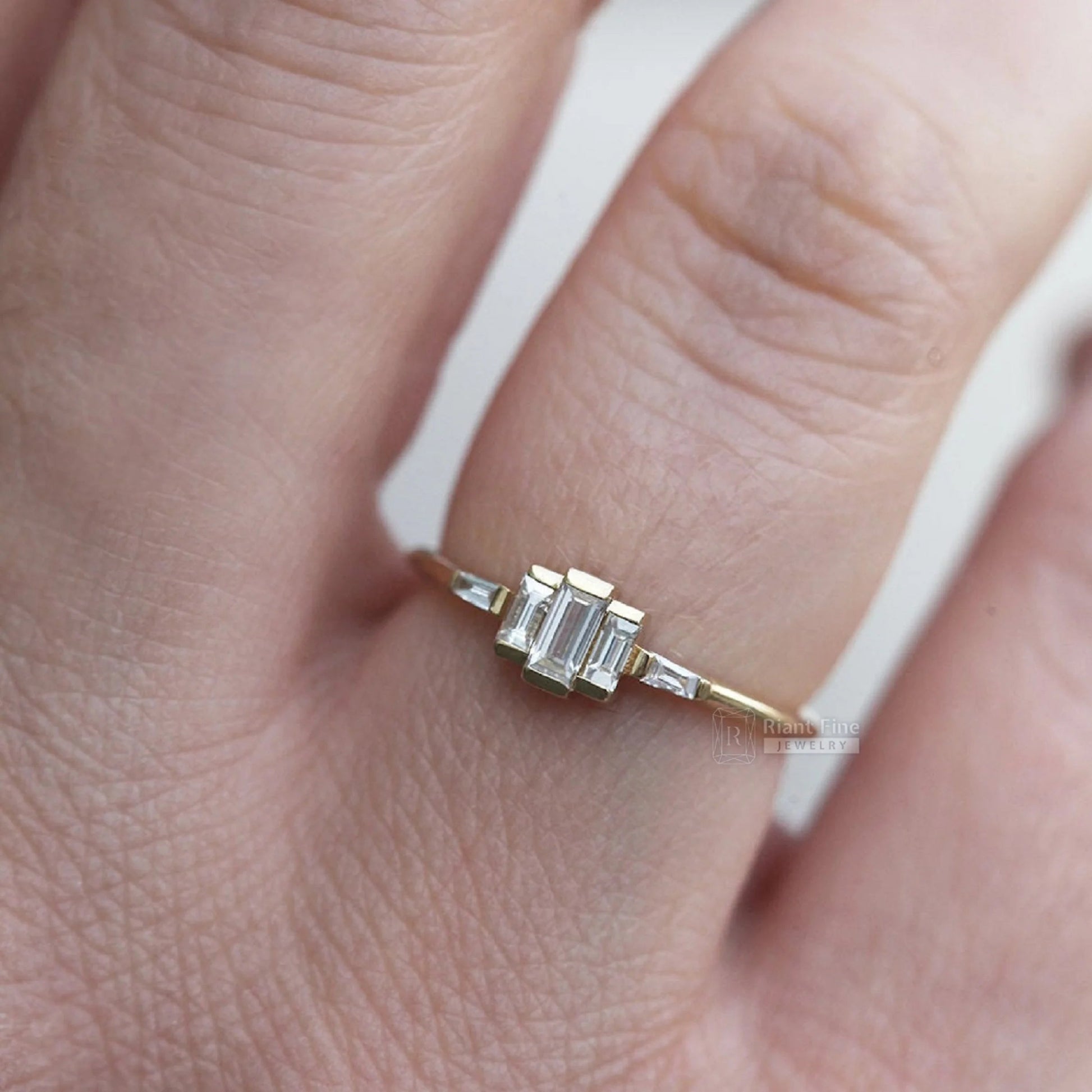 Romantic Baguette Diamond Five Stone Engagement Ring in Gold - Riant Fine Jewelry LLC
