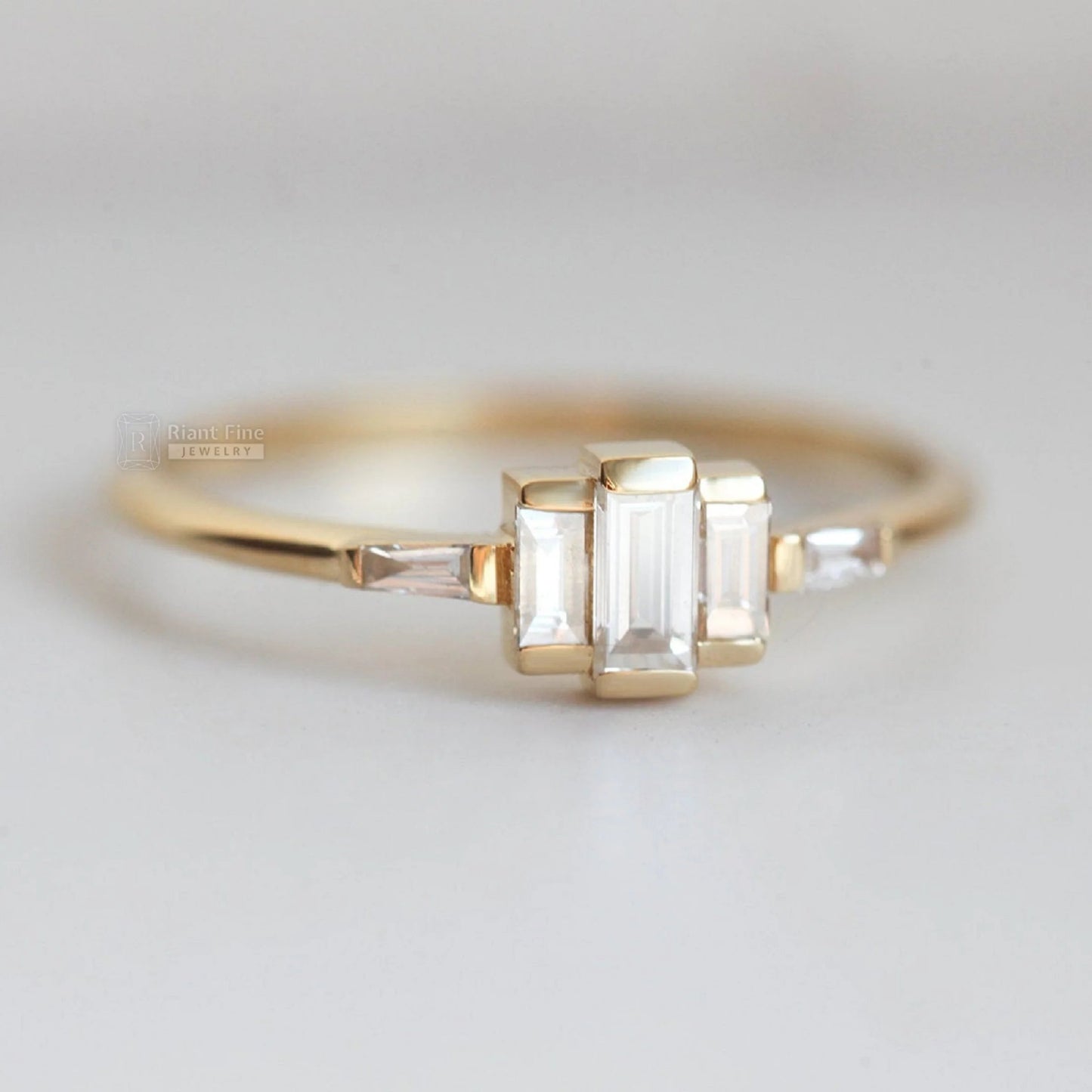 Romantic Baguette Diamond Five Stone Engagement Ring in Gold - Riant Fine Jewelry LLC