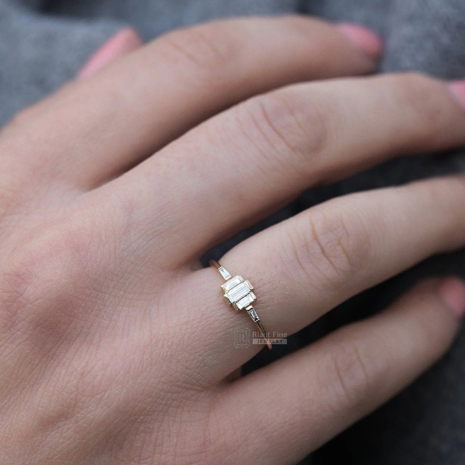 Romantic Baguette Diamond Five Stone Engagement Ring in Gold - Riant Fine Jewelry LLC