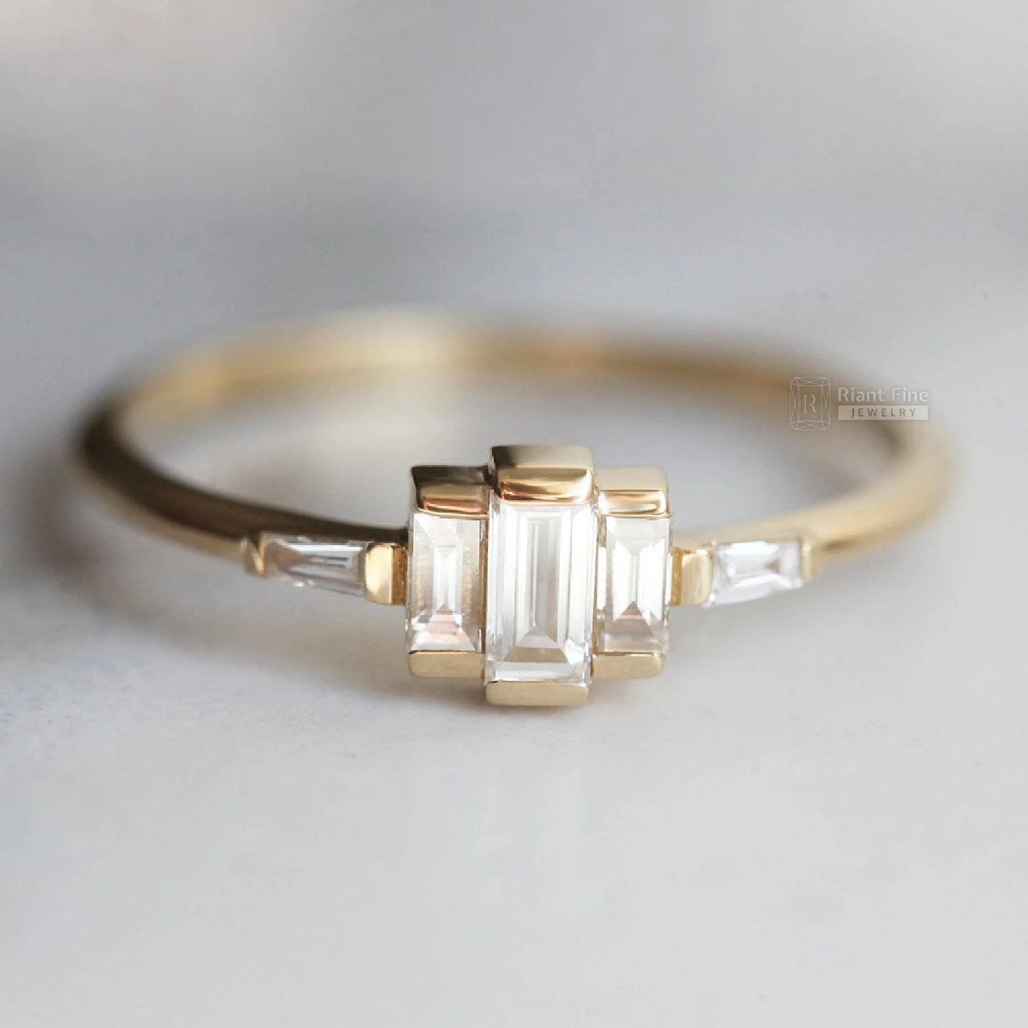 Romantic Baguette Diamond Five Stone Engagement Ring in Gold - Riant Fine Jewelry LLC