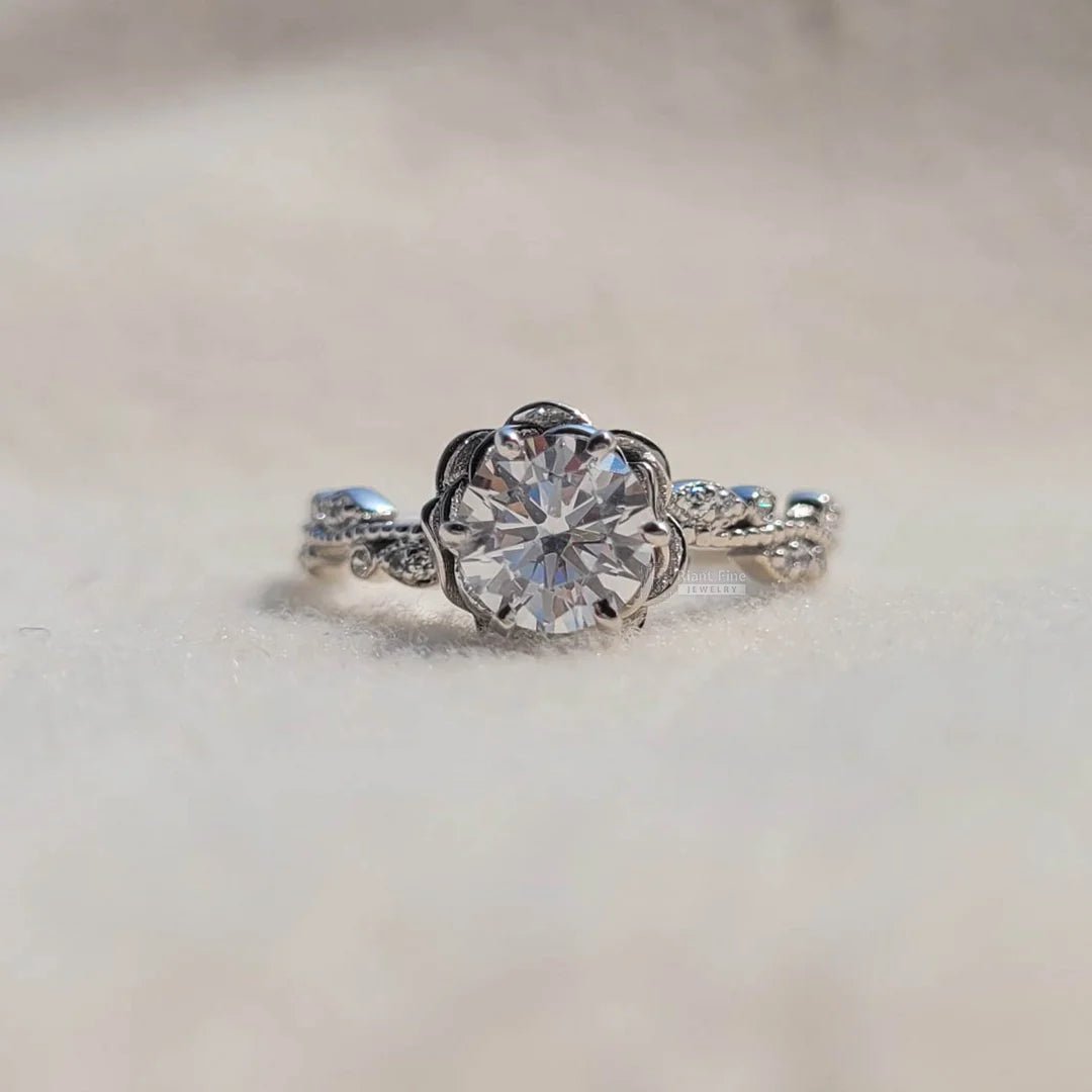 Rose Flower Style Round Diamond Gold Engagement Ring - Riant Fine Jewelry LLC