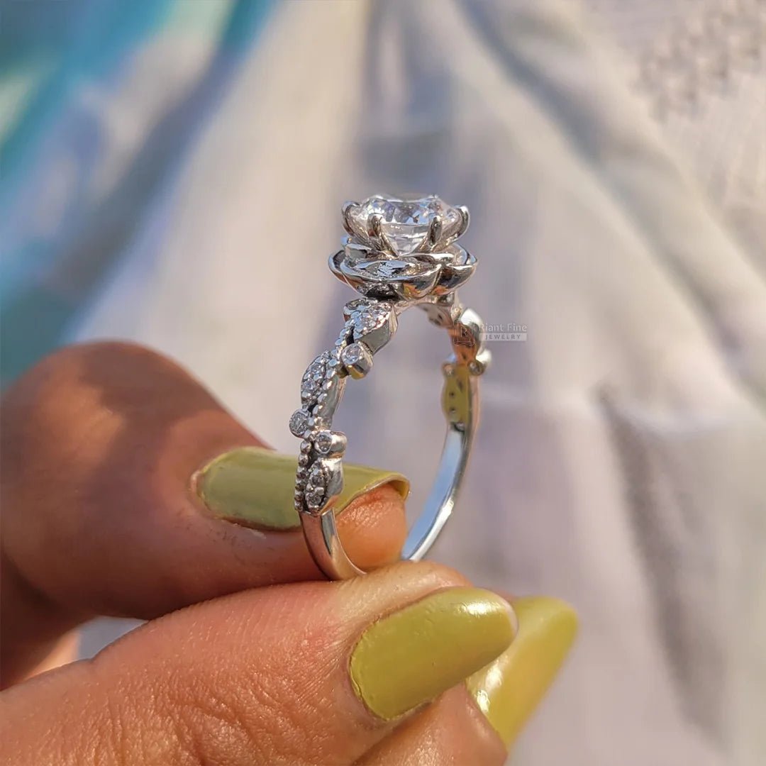 Rose Flower Style Round Diamond Gold Engagement Ring - Riant Fine Jewelry LLC
