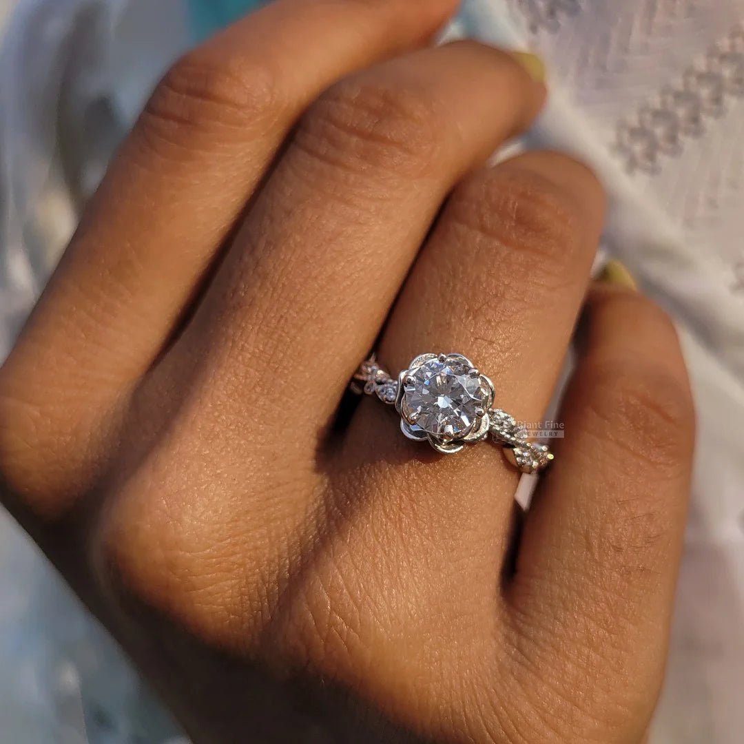 Rose Flower Style Round Diamond Gold Engagement Ring - Riant Fine Jewelry LLC