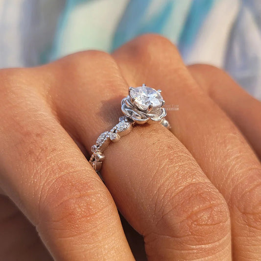 Rose Flower Style Round Diamond Gold Engagement Ring - Riant Fine Jewelry LLC