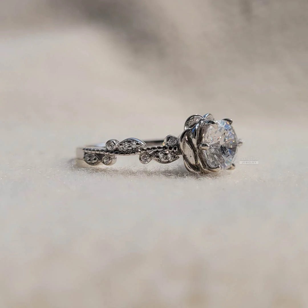 Rose Flower Style Round Diamond Gold Engagement Ring - Riant Fine Jewelry LLC