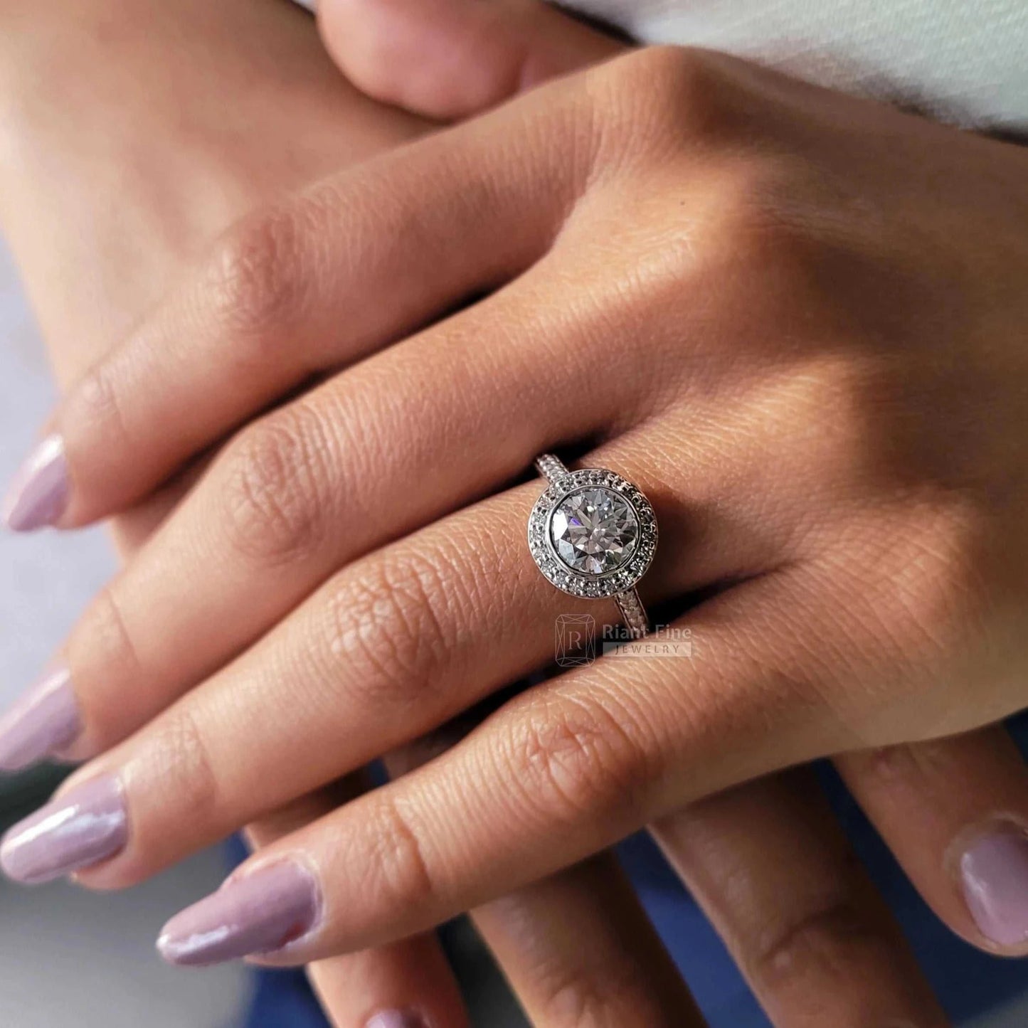 Round Cut Diamond Bezel Set Halo Engagement Rings - Riant Fine Jewelry LLC