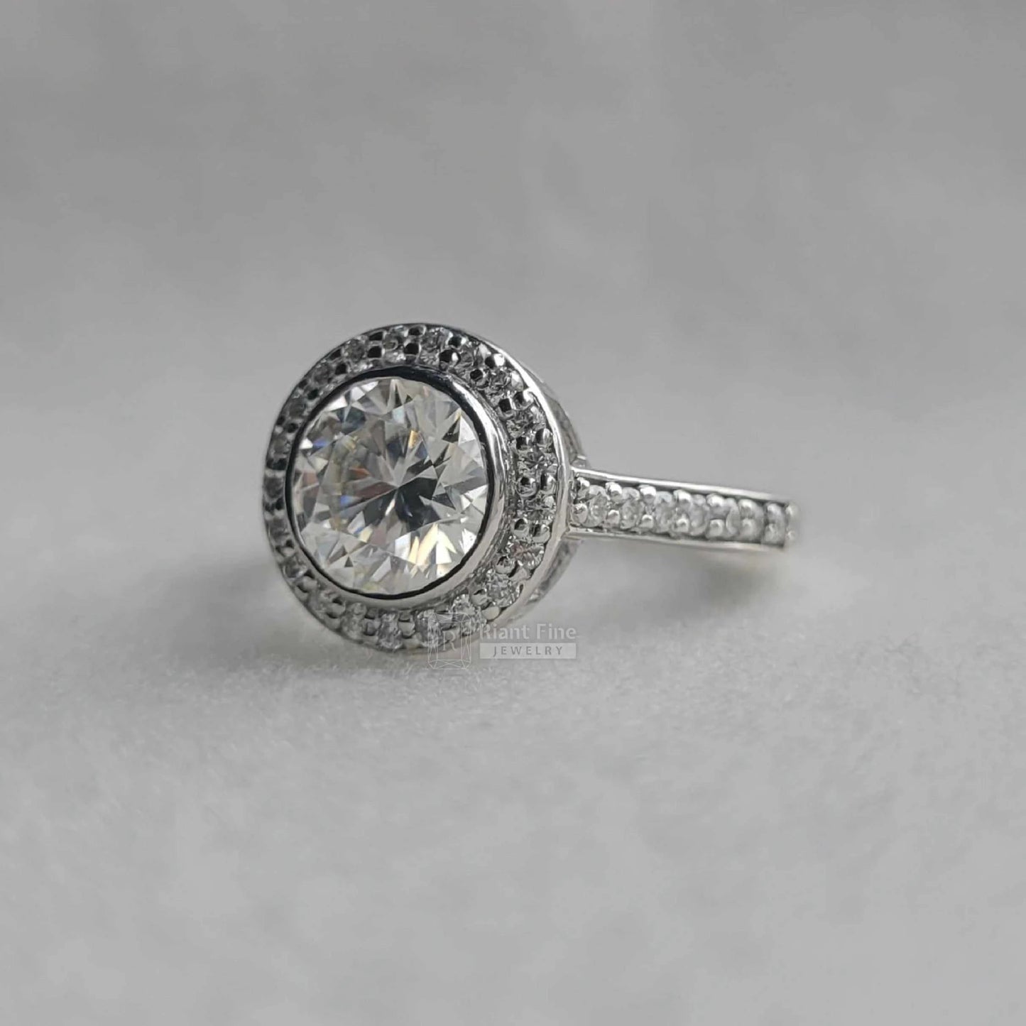 Round Cut Diamond Bezel Set Halo Engagement Rings - Riant Fine Jewelry LLC