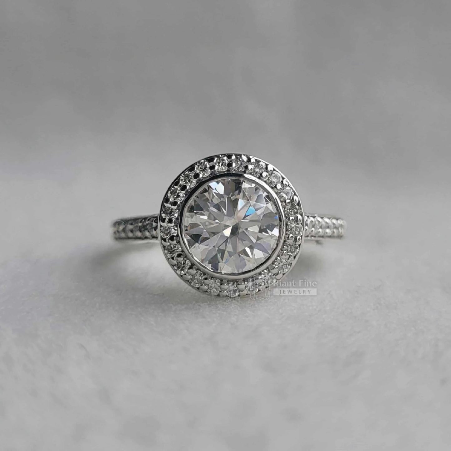 Round Cut Diamond Bezel Set Halo Engagement Rings - Riant Fine Jewelry LLC