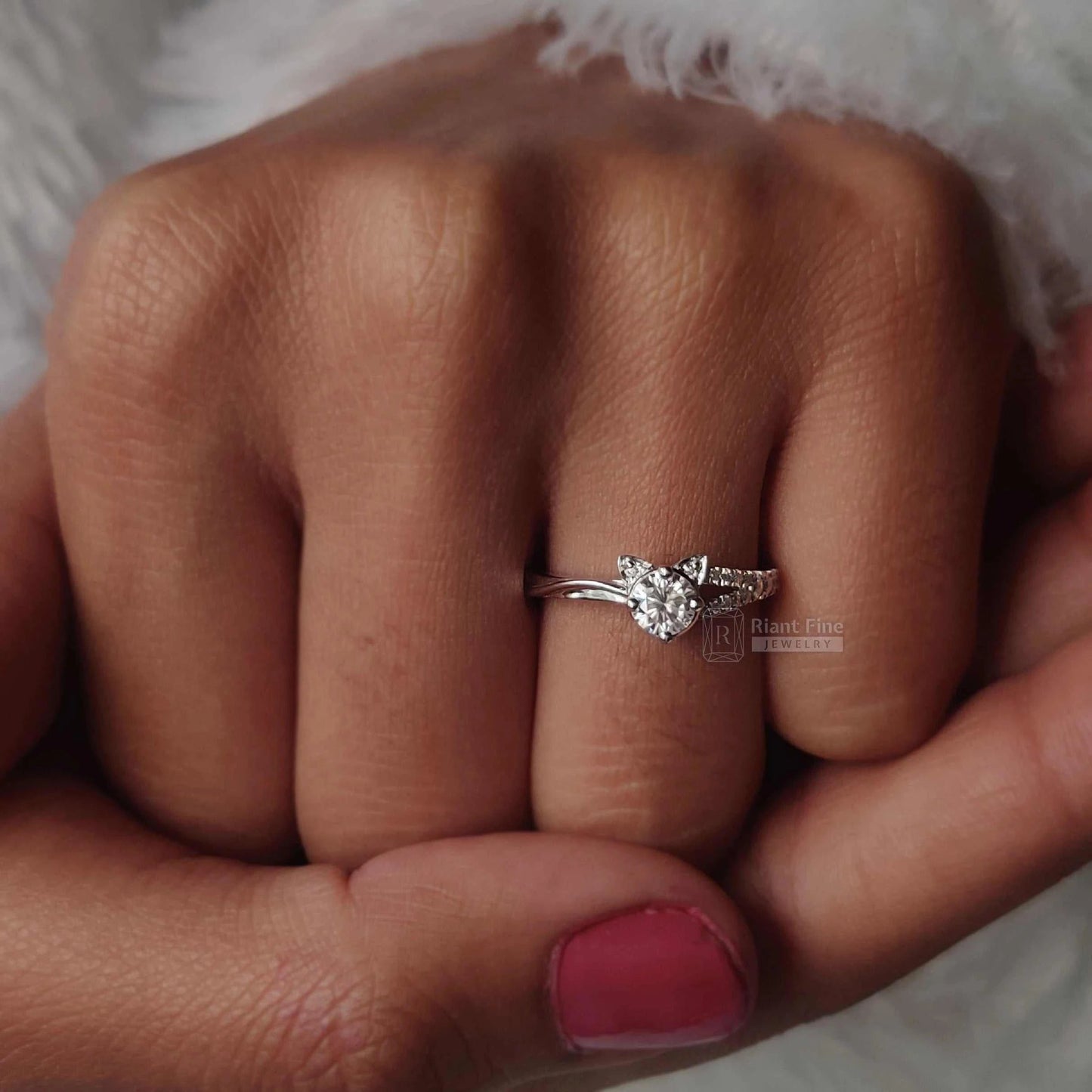 Round Cut Lab Grown Diamond Cat Ring in 14K White Gold - Riant Fine Jewelry LLC