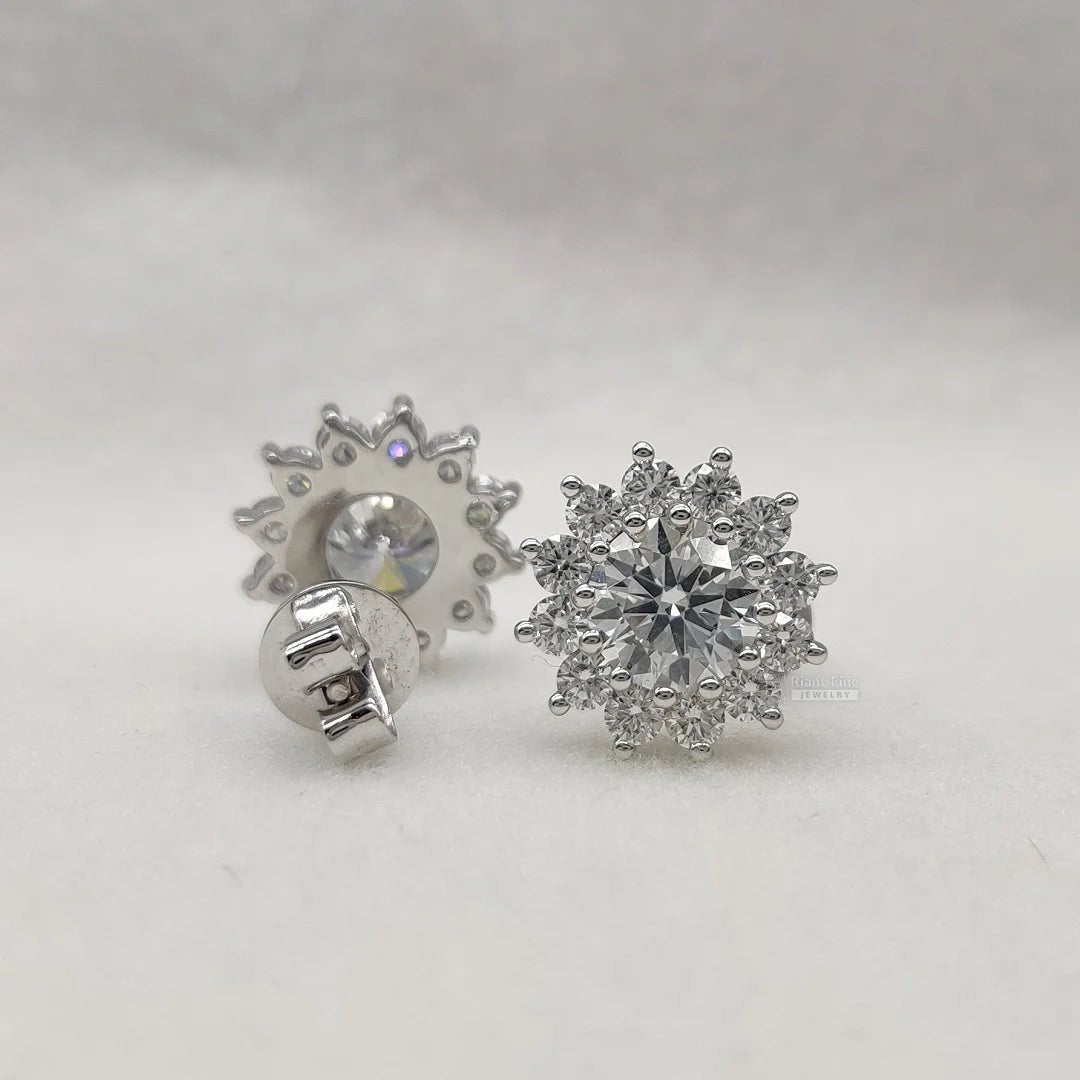 Round Diamond Halo Stud Earrings in White & Yellow Gold - Riant Fine Jewelry