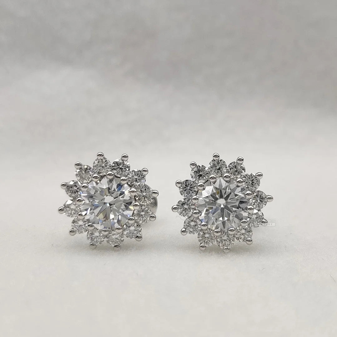 Round Diamond Halo Stud Earrings in White & Yellow Gold - Riant Fine Jewelry