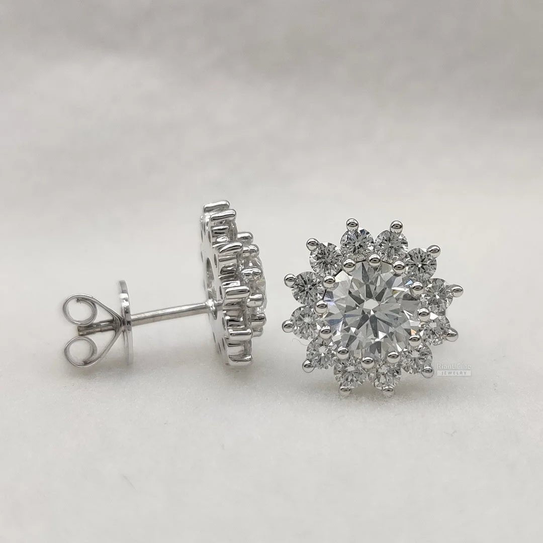 Round Diamond Halo Stud Earrings in White & Yellow Gold - Riant Fine Jewelry