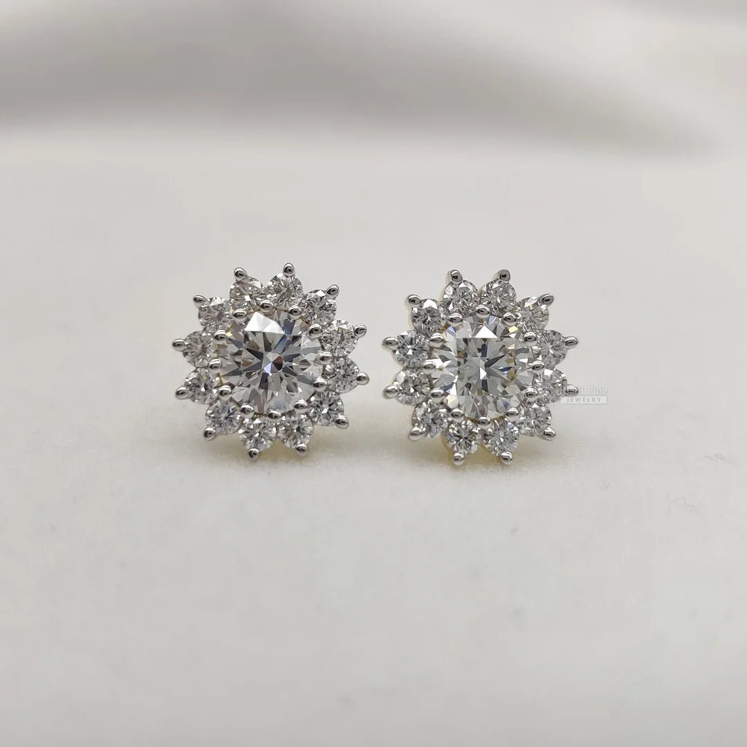 Round Diamond Halo Stud Earrings in White & Yellow Gold - Riant Fine Jewelry