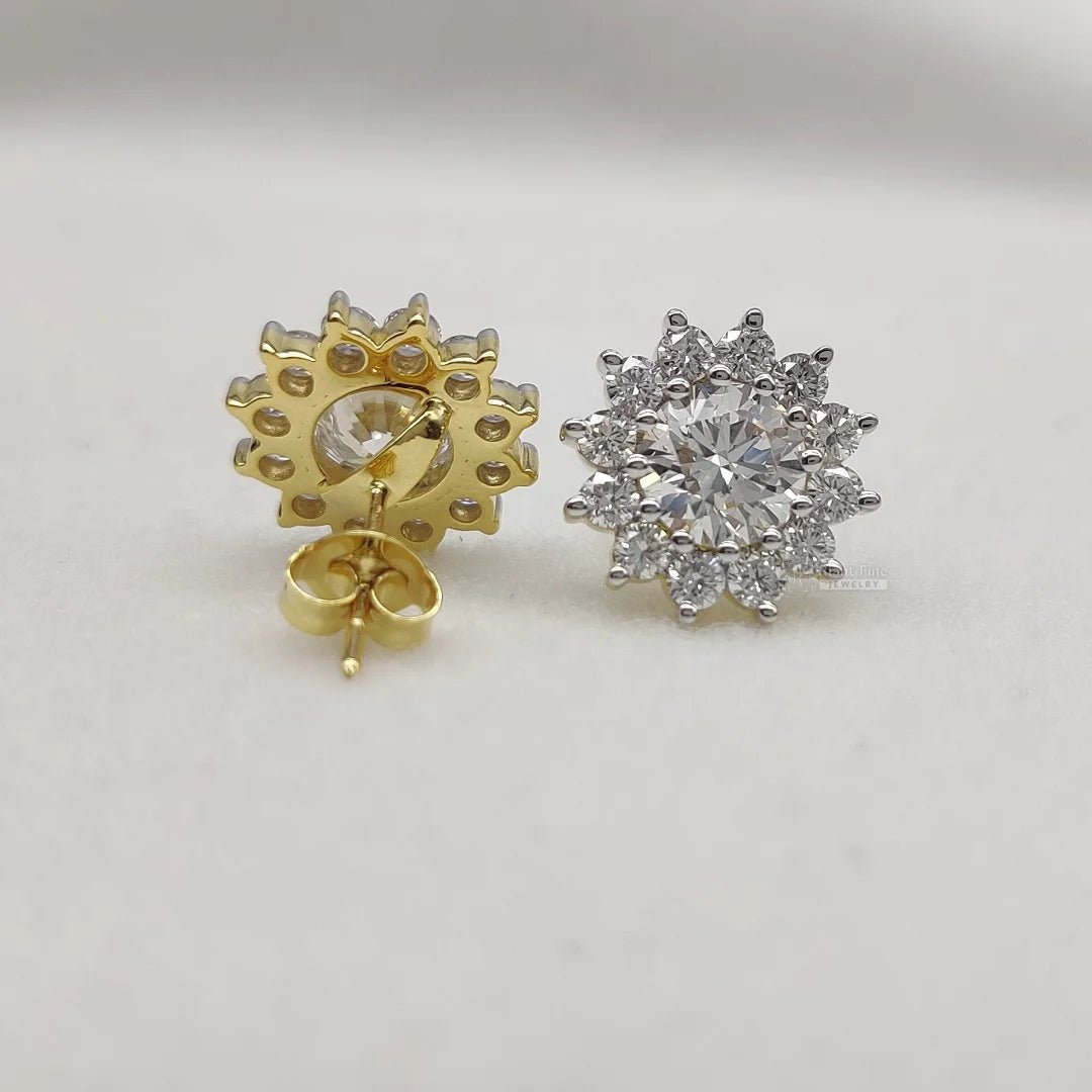 Round Diamond Halo Stud Earrings in White & Yellow Gold - Riant Fine Jewelry