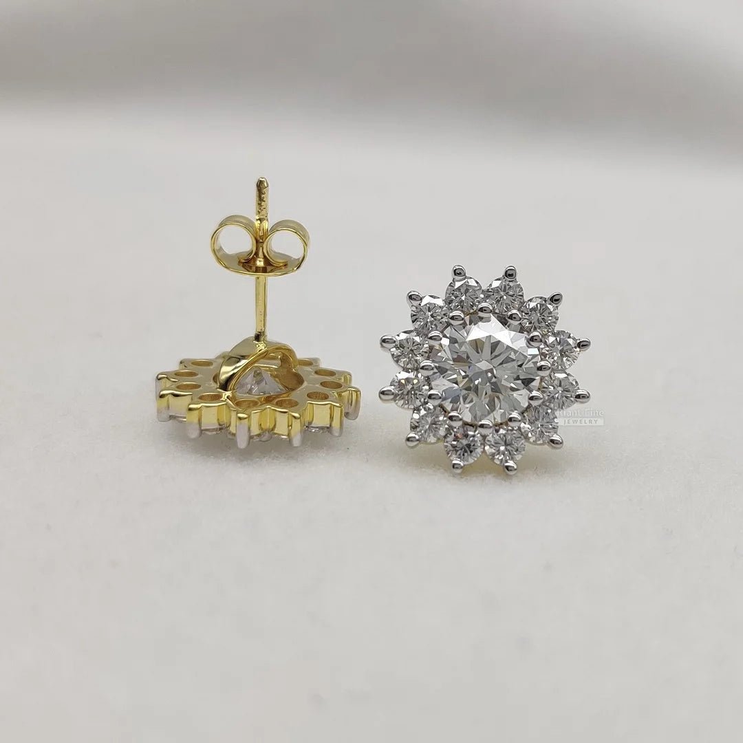 Round Diamond Halo Stud Earrings in White & Yellow Gold - Riant Fine Jewelry