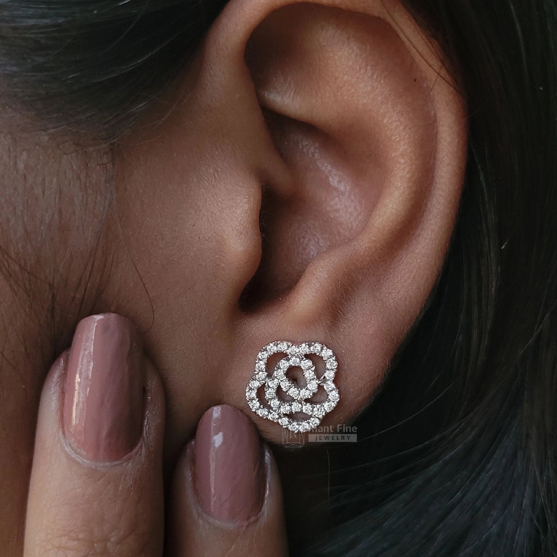 Round Lab Grown Diamond Earrings - Rose Flower Design - Riant Fine Jewelry LLC