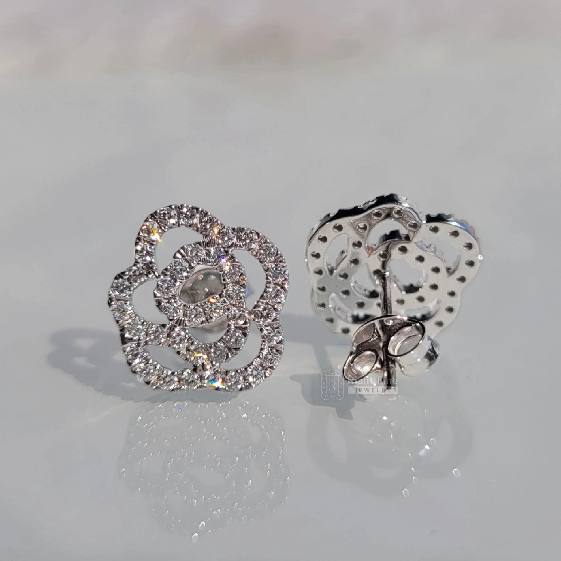 Round Lab Grown Diamond Earrings - Rose Flower Design - Riant Fine Jewelry LLC