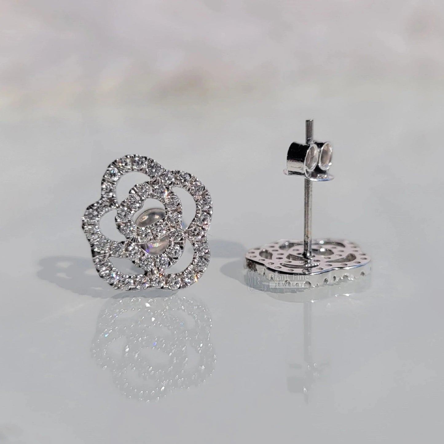 Round Lab Grown Diamond Earrings - Rose Flower Design - Riant Fine Jewelry LLC