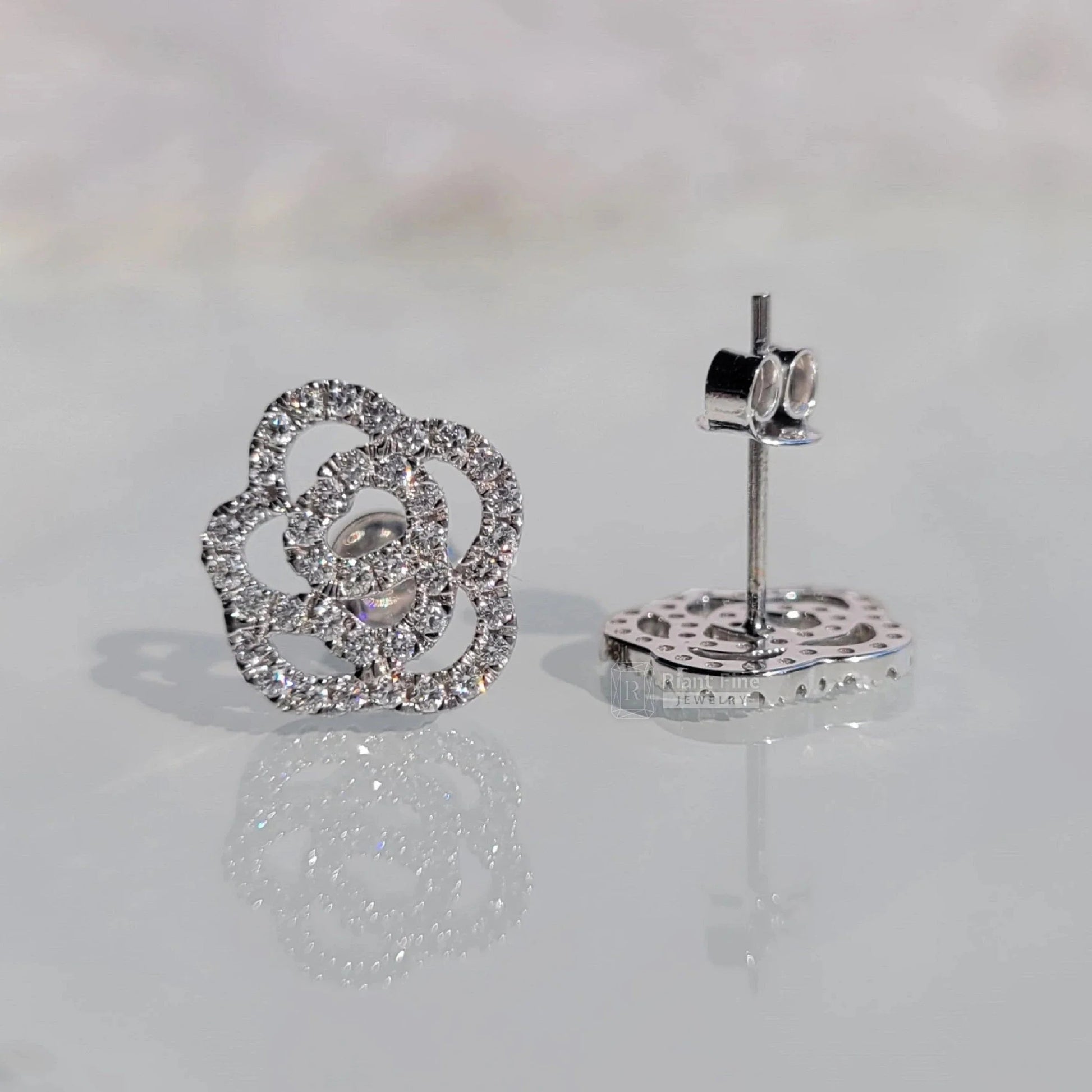 Round Lab Grown Diamond Earrings - Rose Flower Design - Riant Fine Jewelry LLC