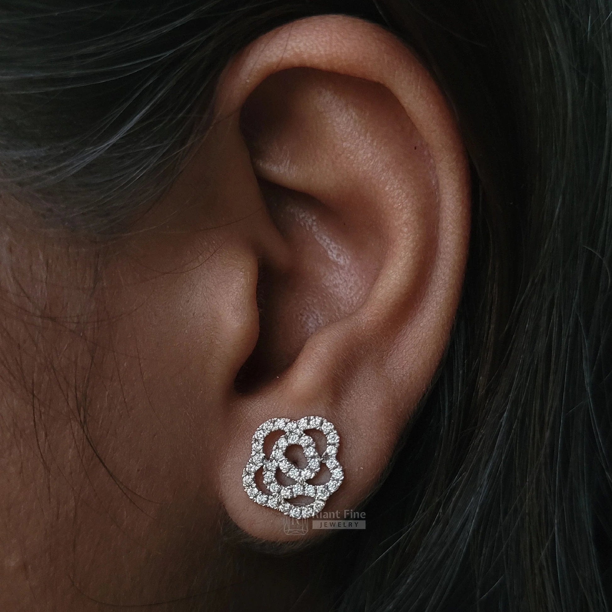 Round Lab Grown Diamond Earrings - Rose Flower Design - Riant Fine Jewelry LLC
