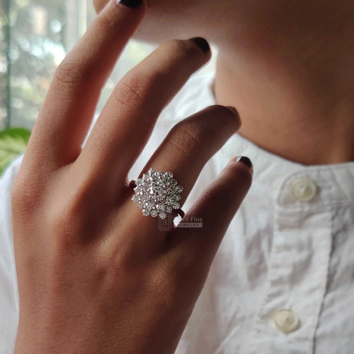 Round Lab Grown Diamond Snowflake Cluster Engagement Ring - Riant Fine Jewelry LLC