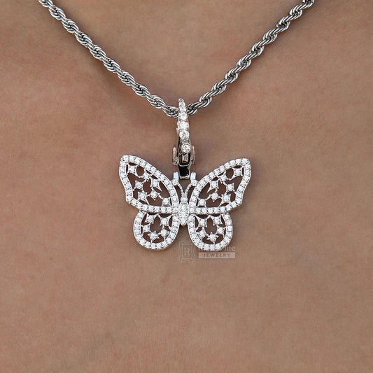 Round Moissanite Butterfly Pendant In 14K White Gold - Riant Fine Jewelry