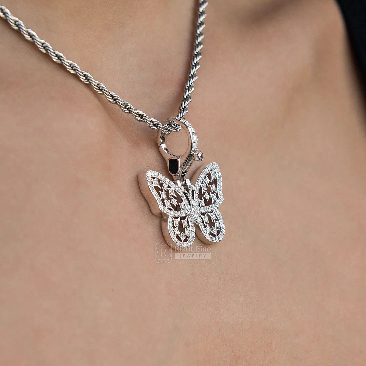 Round Moissanite Butterfly Pendant In 14K White Gold - Riant Fine Jewelry