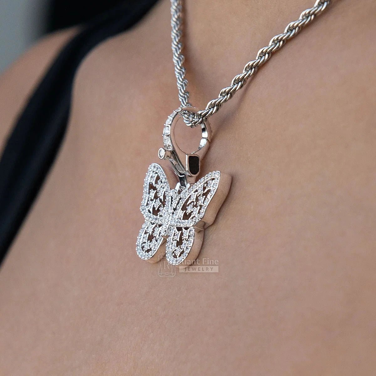 Round Moissanite Butterfly Pendant In 14K White Gold - Riant Fine Jewelry