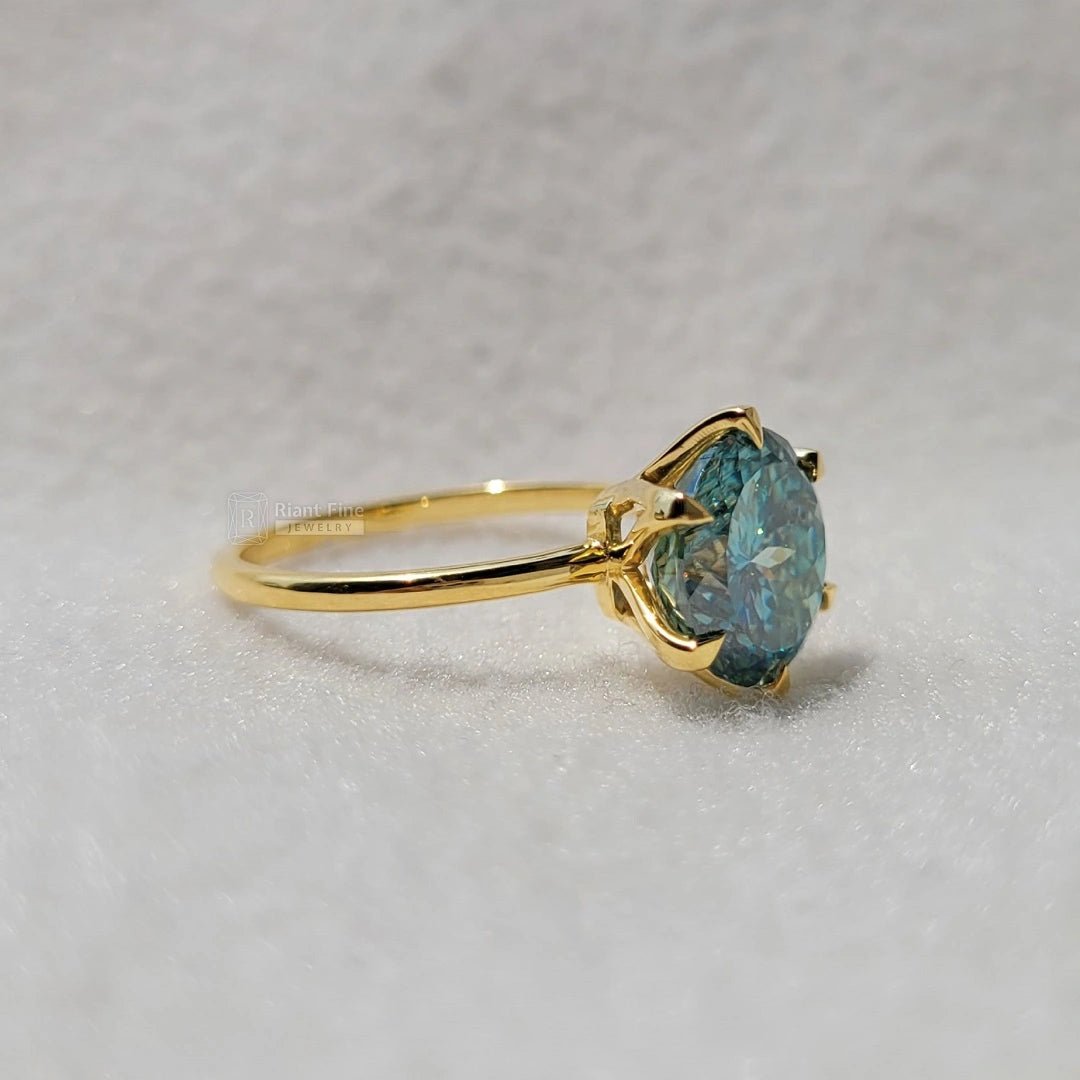 Round Portuguese Cut Cyan Blue Moissanite Engagement Ring - Riant Fine Jewelry LLC