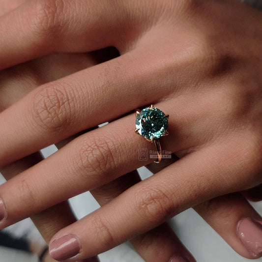 Round Portuguese Cut Cyan Blue Moissanite Engagement Ring - Riant Fine Jewelry LLC