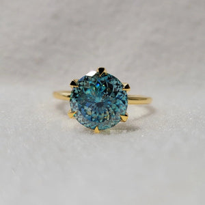Round Portuguese Cut Cyan Blue Moissanite Engagement Ring