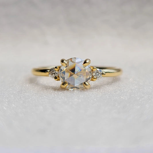 three stone round rose cut moissanite engagement ring, jewelry