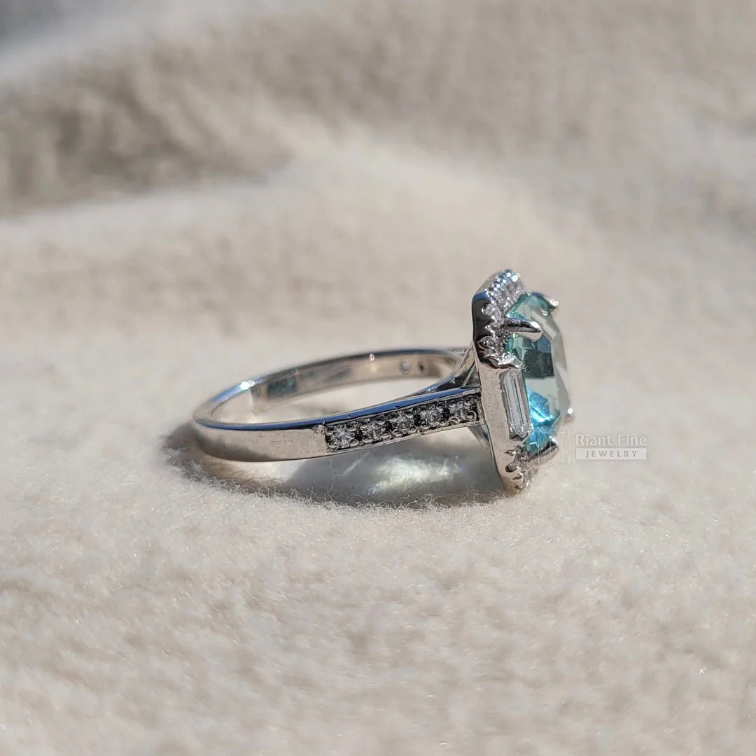 Square Emerald Cut Aquamarine Halo Engagement Ring - Riant Fine Jewelry