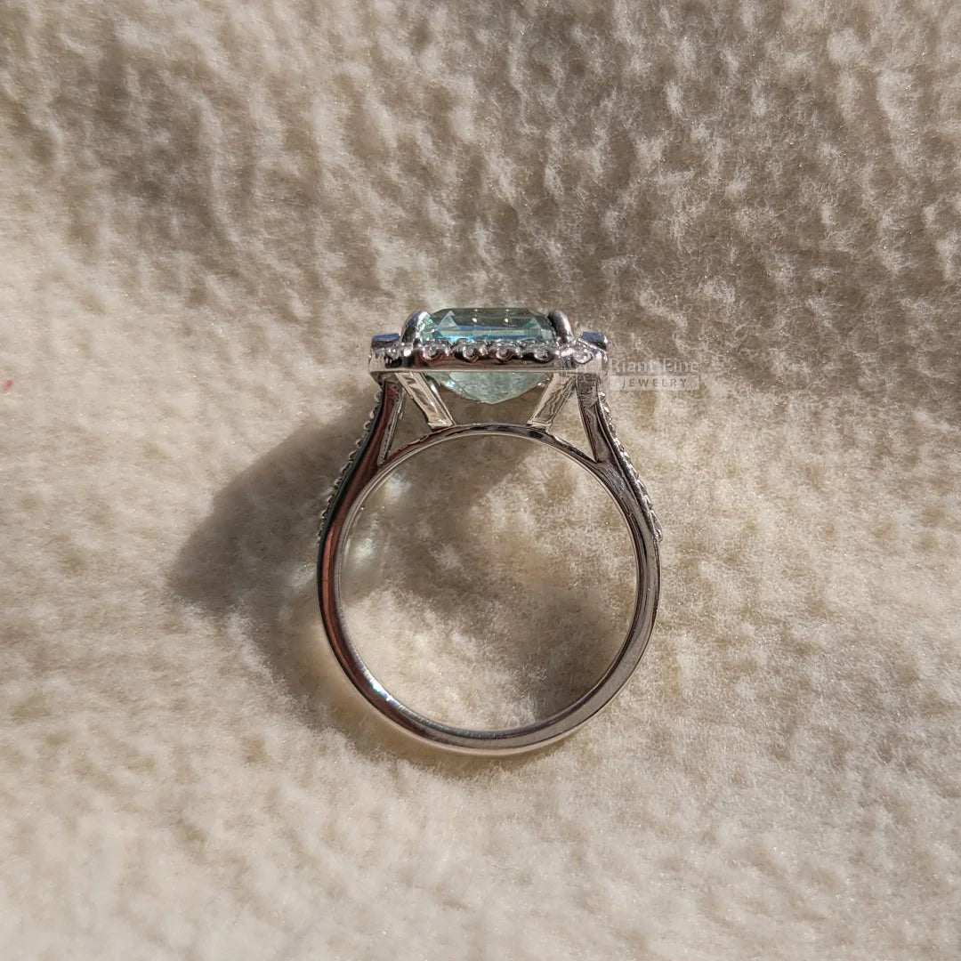 Square Emerald Cut Aquamarine Halo Engagement Ring - Riant Fine Jewelry