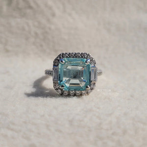 Square Emerald Cut Aquamarine Halo Engagement Ring