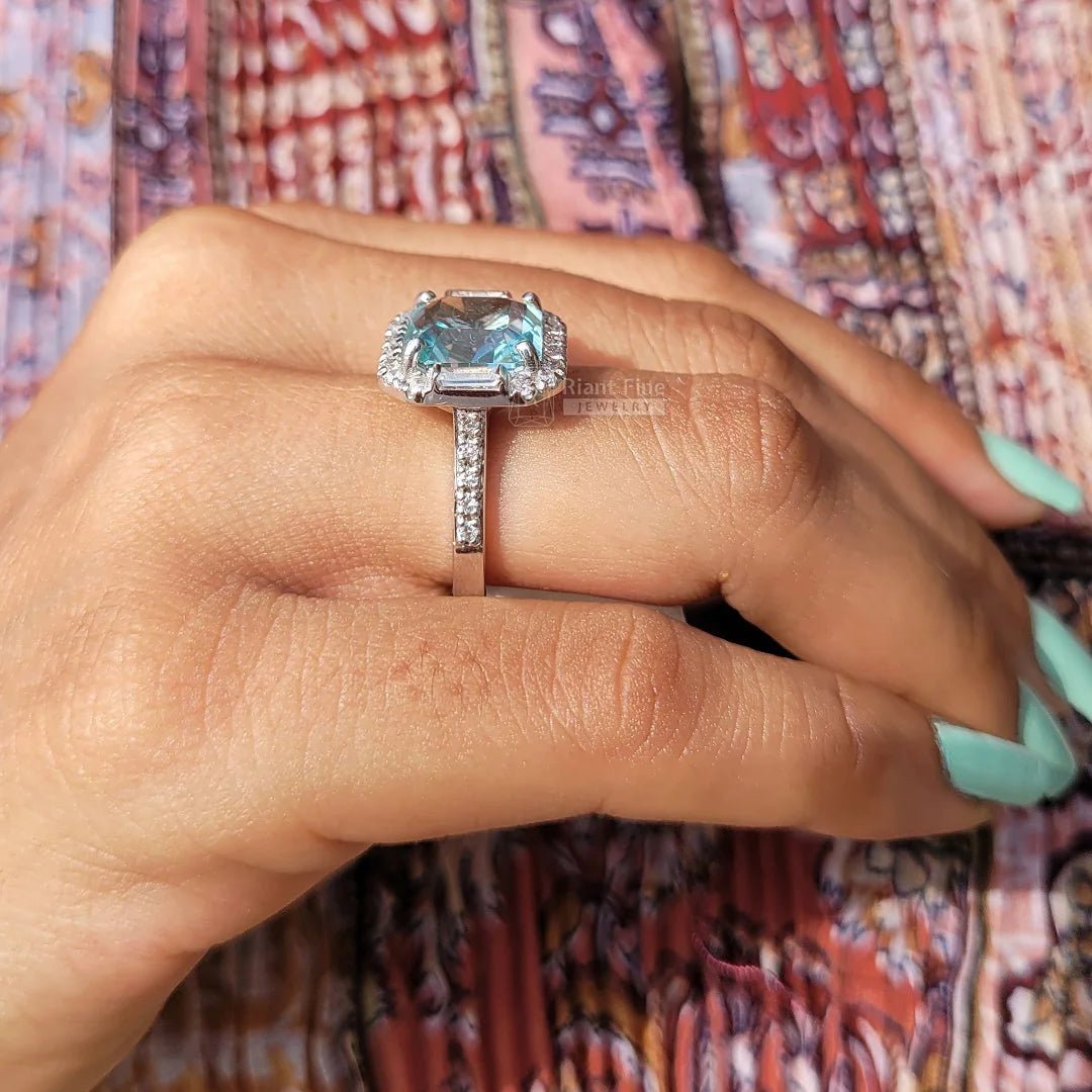 Square Emerald Cut Aquamarine Halo Engagement Ring - Riant Fine Jewelry